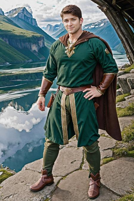 standing on verdant cliff, overlook, icy fjord below, floating ice, SebastianKross, norsemenclothes, green tunic, green cape, belt, brown pants, leather vambraces, slight smile, highly detailed, sharp focus, high skin detail, photorealistic, masterpiece, (((full body portrait))), (full body), wide angle, (high face detail),  <lora:SebastianKross:0.7>  <lora:NorseMenClothes:0.7>