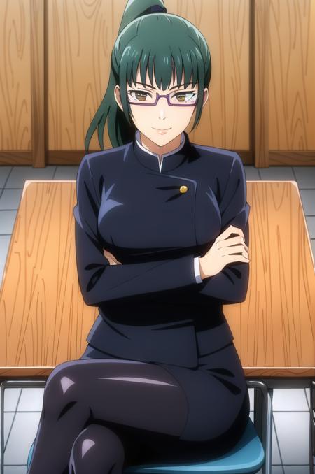 (masterpiece), high quality, (detailed background:1.3), 1girl, solo,
<lora:MakiZenin-v2-05:0.65>, ChopioMakiZenin, long hair, green hair, blunt bangs, high ponytail, brown eyes, glasses, semi-rimless eyewear, (looking at viewer:1.3),
hair tie,
outfit_1, gakuran, blue jacket, long sleeves, blue skirt, black pantyhose,
school, indoors, desks, chairs, sitting,
crossed legs, crossed arms, arms under breasts, seductive smile,