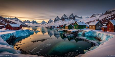 RAW photo, (masterpiece:1.3), subsurface scattering, heavy shadow, (high quality:1.4), (intricate, high detail:1.2), professional photography, HDR, High Dynamic Range, realistic, ultra realistic, photorealistic, high resolution, film photography, ambient lighting, atmospheric effects,  OverallDetail, Ice, a small Inuit village with a harbor, frozen lake, vivi, epiCPhoto