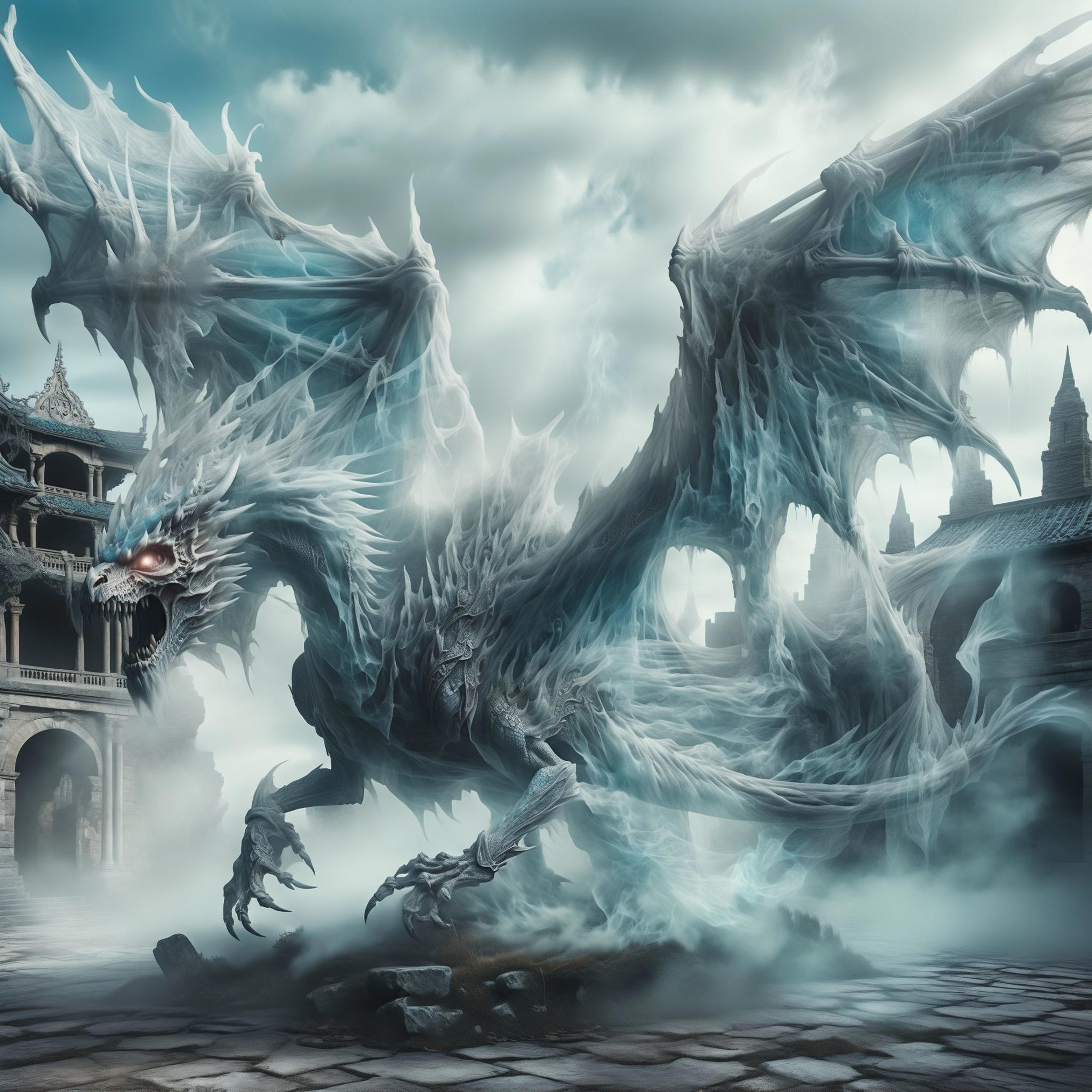 A majestic blue and white dragon with large wings and sharp claws standing in front of a ruined castle or building.