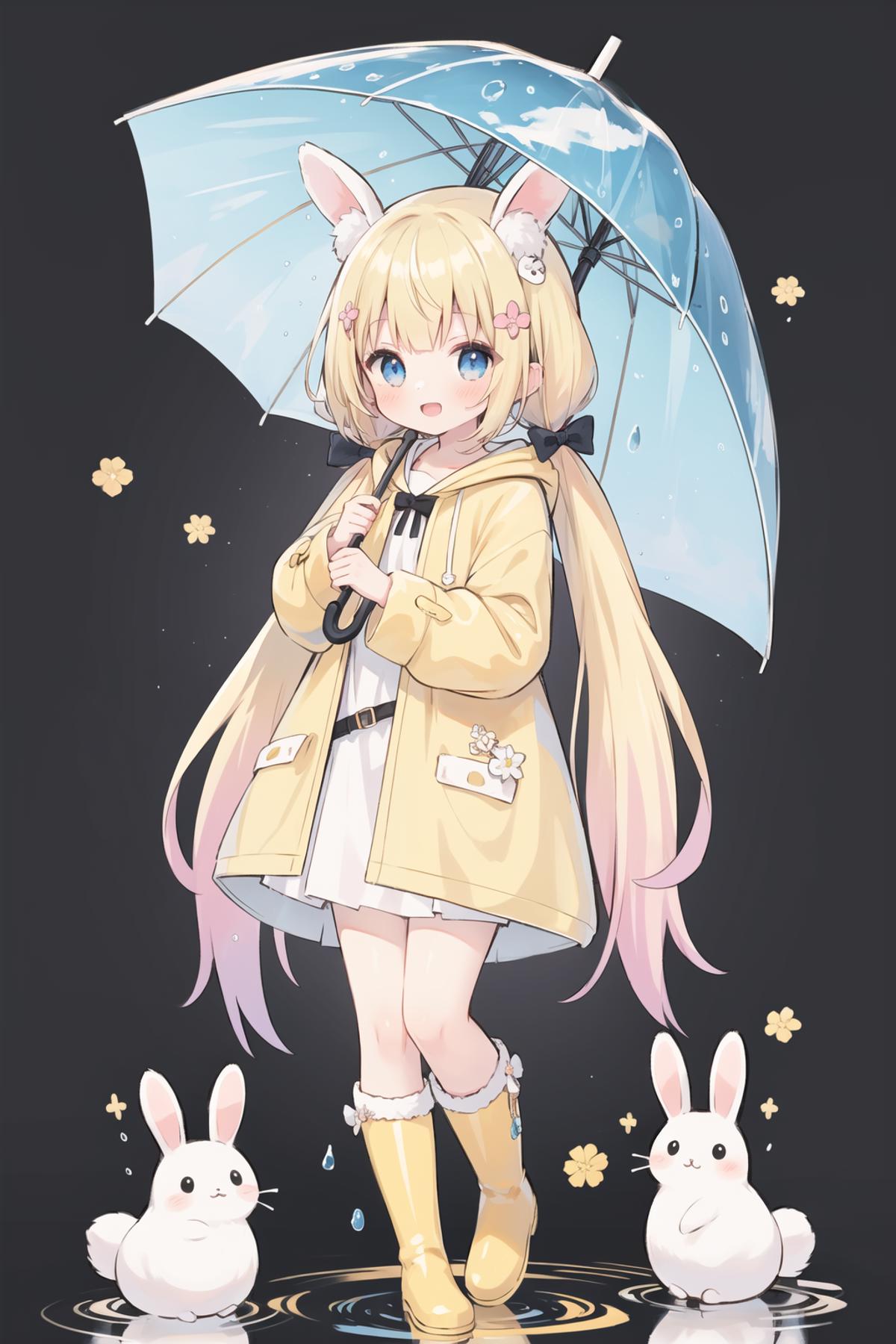 A cute cartoon girl with blonde hair, a blue jacket, and yellow boots holding an umbrella.