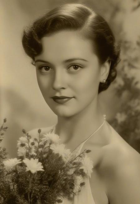a black and white photo of a woman, hollywood standard, thank you, 32 - year - old, film still from 1930's, character art portrait, discovered photo, (with flowers and plants:.34), mid 2 0's female, (orange hues:.63), detail,  <lora:add_detail:1.2>