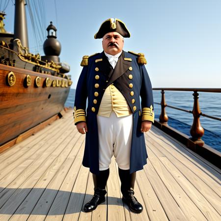 Full body in frame, from head to toe, wide angle view from side, distant camera, long shot, wide shot.Full body in frame, from head to toe, wide angle view, distant camera, long shot, wide shot.  
A fat middle-aged Turkish-German man standing confidently on the deck of a large wooden battle ship, at sea.  
He is wearing a detailed 19th century navy officer uniform with golden epaulettes, a blue coat, brass buttons, and a tricorn hat.  
Strong physical body, musclechub, burly, thick arms and legs, barrel chest.  
Masculine square face, big nose, thick eyebrows, broad chin.  Background is sea.
Realistic lighting, moonlight, 8k, photorealistic, ultra detail, clothes and body details
 <lora:Better_expressionsH:0.6> <lora:detailed_notrigger:0.7> <lora:Walrus_Mustaches:0.6>