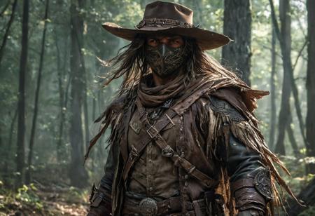 score_9, score_8_up, score_7_up, score_6_up, score_5_up, score_4_up,<lora:Fant5yP0ny:0.8>, solo, 1man, Human, rugged looks, bandana mask, tall, muscular, Long brown hair, unkempt hair, brown eyes, stubble, fighter, wearing a large-brim hat, leather armor, carrying two daggers, Bear familiar nearby  
Cowboy shot, Outside, fantasy woods.  dynamic lighting, daytime