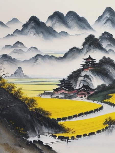 <lyco:WuGuanzhong:1.0> a watercolor of the rural scenery of anhui, china. there are huizhou buildings with white walls and black tiles in the distance. there are large yellow rapeseed flowers and blooming peach trees in front of the remote mountains. they are colorful and bright. wu guanzhong style. in the style of minimalist, white space style, nature-based patterns, intuitive ink washes, extremely low details