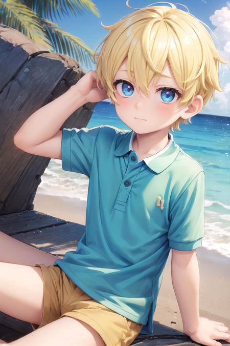 (1boy:1.4), (very short hair), crew cut, (solo:1.4), sfw, (bulge:0.4), male character, ((masterpiece)),
multicolored background, hair between eyes, highlight in eyes, (blonde hair:1.4)
(polo shirt :1.4), short pants, colorful eyes,  male character
multiple details, sky, sea, beach , outside, short hair, handsome,  beautiful eyes (vocaloid), delicate features, high light in eyes, (narrow chin:1.5), triangle chin, (introvert:1.6)
petite, young, juvenile, short hair, male face, detailed beautiful little boy, adorable boy, sparkling eyes,
sitting, faint smile, energetic eyes