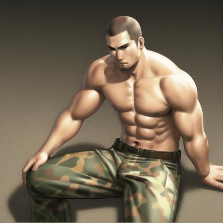 taiga saejima, man, shirtless, brown belt, green camo pants, sitting, looking at camera, frontal shot, <lora:saejima:.6>