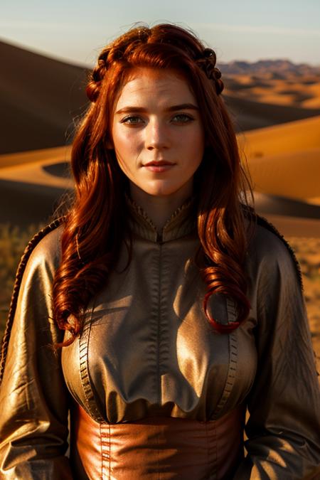 medieval costume ,  desert , night <lora:Rose_Leslie:1> masterpiece, best quality, detailed face, a mature r1873l, 1girl, solo, red hair,