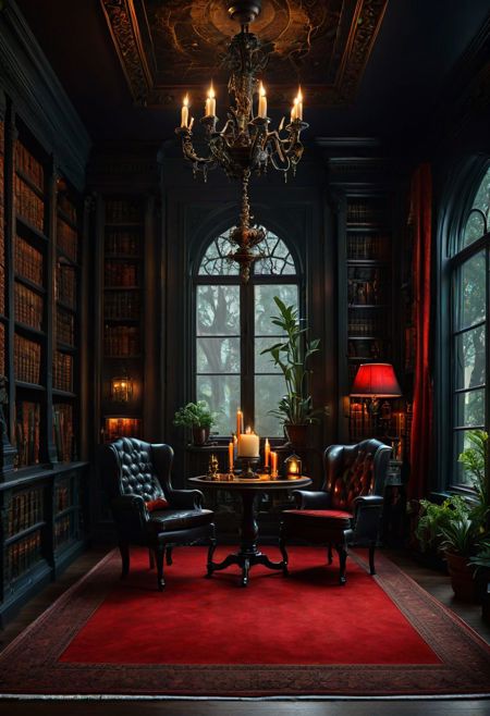 Dark Academia, indoors, dark theme,  books, bookshelf, window, no humans, 