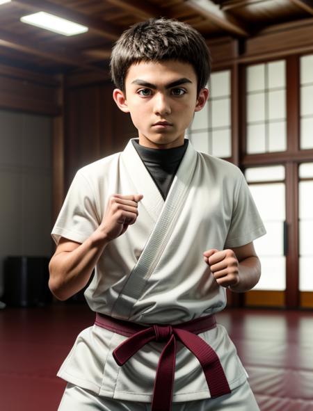 best quality, masterpiece, highres, detailed, cosplay, realistic, 1 teenage boy, <lora:Detail - add_detail:0.2>, HxHZushi, short hair, dougi, black belt, thick eyebrows, white pants,  <lora:Character - HxHZushi:0.8>, bad, dojo, fighting stance,