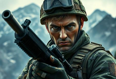 Weathered soldier, green camo, black gun, mountain dreamland backdrop. Intense gaze, dynamic pose. Matte painting, splash ink illustration, octane render, Unreal Engine 5, Raphael style, Houdini style. Vivid emotion, detailed eyes, CGSociety, Artstation trending, golden ratio, 8k, landscape, refraction, intricate detail, fractal glow, weta digital, ray tracing, insane details, elite, elegant.
