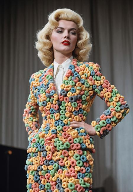 Photograph of a blonde woman on stage wearing a suit made of fruit loops, 1950s, black and white, big hair, 

