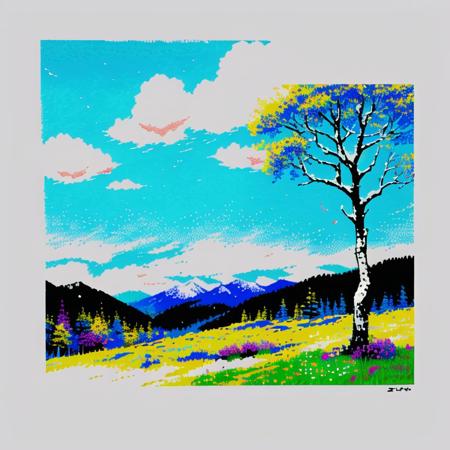 <lora:zxs:1> , zxs, limited palette,  blue sky, clouds, cloudy sky, flower, forest, grass, highres, mountain, mountainous horizon, nature, no humans, painting \(medium\), plant, sky, snow, traditional media, tree, waribashi37