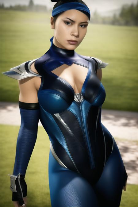 masterpiece, best quality, kitana, black hair, brown eyes, hair bun, elbow gloves, fingerless gloves, blue gloves, blue headband, blue bodysuit, blue pants, solo, photorealistic lights, cinematic lighting, ultra detail texture, ultra detail hair, hyperrealistic paiting, fantastic realism, outdoors, grass, <lora:Kitana:0.8>