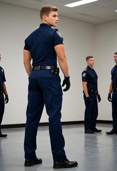 Ultra-realistic, cinematic full-body photo of a handsome 20-year-old Caucasian male police academy recruit, viewed from behind during a uniform inspection. He stands tall in a wide, formal stance with hands clasped behind his back, wearing a tightly fitted short-sleeved navy blue police uniform and black tactical gloves. His lower body is highly muscular and slightly exaggerated in proportion — with especially large, sculpted glutes stretching the seat of his snug uniform pants, and thick, powerful legs firmly planted. He glances back over his shoulder at the viewer with a faint, smug smirk, radiating quiet arrogance and dominance. A loaded duty belt wraps tightly around his small waist, enhancing the size contrast with his massive glutes. Bright institutional overhead lighting creates bold, realistic shadows and highlights across the fabric. The background shows a clean, well-lit police academy training hall with other recruits blurred in formation. Shot from a low rear angle, capturing his full body from boots to head, emphasizing his exaggerated lower-body build, rigid stance, and intense presence. Ultra-detailed, photorealistic, sharp textures, natural skin tone, and dramatic cinematic depth.