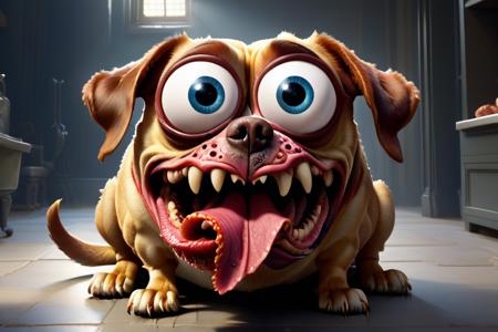 3d,art by pixar,cartoon, a fleshmutant dog abomination with huge eyes,<lora:Cyberfleshmutant-000002:0.75>