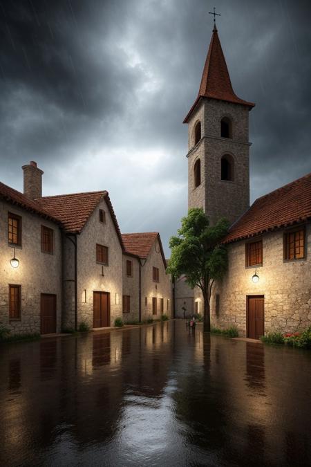 scenery, conceptart, A highly detailed portrait of a medieval village, during a rainstorm with a cloudy sky, masterpiece, best quality, intricate detail, absurdres, chromatic aberration, depth of field, soft lighting, tone mapped, highly detailed, artstation, concept art, smooth, sharp focus, dramatic lighting, highly detailed artwork, cinematic, trending on Artstation, 8K, incredible shadows, (highly detailed background:1.0)