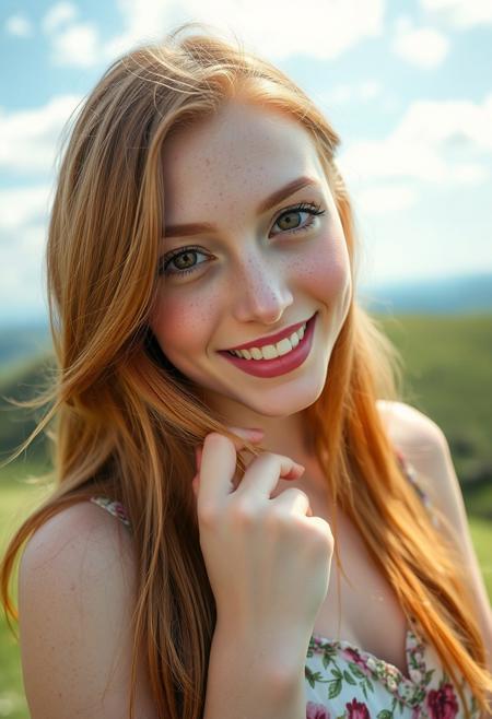 Close-up portrait of a (beautiful:1.3) 20-year-old woman with (big hazel eyes:1.2), (freckles:1.1), and (luscious soft pink lips:1.2). Her (very long ginger hair:1.3) covers one eye, (defined long eyelashes:1.2), (soft rosy cheeks:1.1), (playful joyful smile:1.3). Wearing an (elegant floral dress:1.2), (cute graceful body:1.1), (pale skin:1.1), (well-cared fingernails:1.1). Set in nature, (green hill:1.2), (sunny sky:1.3), (few clouds:1.1), vibrant colors, soft lighting, by (Annie Leibovitz:1.4).
