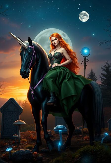 Regal ginger woman with large breasts under ornate green gown, astride majestic black muscular unicorn. The unicorn has only one head, crowned with a single pearlescent horn. Purple bridle and saddle adorned with gems. Night sky ablaze with stars - Crisp air carries scent of fallen leaves and distant woodsmoke.
Breathtaking moonrisr paints sky in vivid silver blue and purples. Last rays filter through trees, casting long shadows and bathing scene in warm, golden light. Unicorn's horn and woman's hair shimmer in fading daylight.
Woman's determined gaze fixed on horizon. Right hand on unicorn's neck, left holding a staff with glowing crystal orb.
Misty mushrooms rise from moss-covered forest floor, adding to mystical atmosphere. Ancient standing stones peek through autumn foliage, their surfaces glowing from within from ancient runes that pulse with ethereal blue haze.The luminous symbols hint at forgotten magic, enhancing the scene's mystical quality. - a legendary wizard seductress embarking on epic quest,