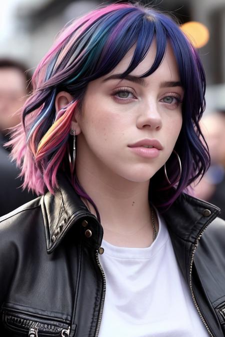 a photo of (b1ll1331ll1sh:0.99), a woman with multi colored hair wearing a leather jacket, jeans, on the street, (masterpiece), (best quality), (detailed), (8k), (HDR), (wallpaper), (cinematic lighting), (sharp focus), (intricate), (closeup) , looking at viewer, closeup