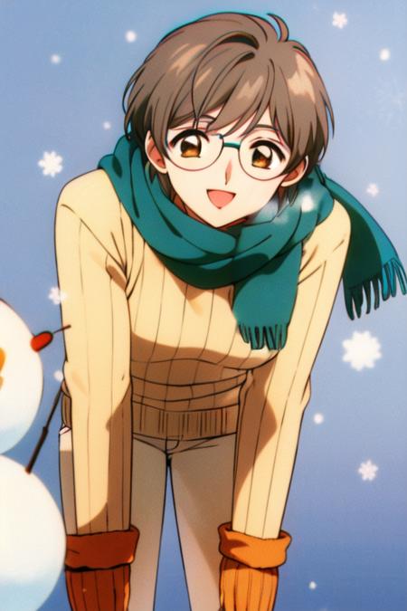 masterpiece, best quality, <lora:tsukishiro_yukito:0.7> scarf, 1boy, male focus, snowman, glasses, sweater, solo, green scarf, smile, open mouth, grey hair, snowing, pants, snow, :d, ribbed sweater, yellow eyes, long sleeves, grey pants, yellow sweater, brown eyes, mittens, blue background, 1990s \(style\), retro artstyle,