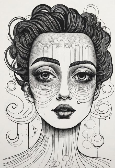 black on white, bold line, simple, marker drawing, queen with huge eyes that are leaking clouds, looking at, hair with clouds, illustration with bold lines. illustration.