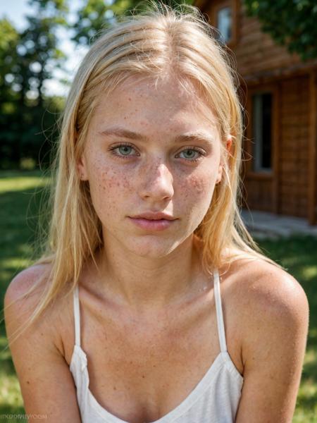 portrait of a 19 year old blonde with bright eyes, mini skirt, no makeup, freckles, beauty spots, natural, summer cottage, submissive expression, hard shadows, soft lighting, sharp focus, skin details