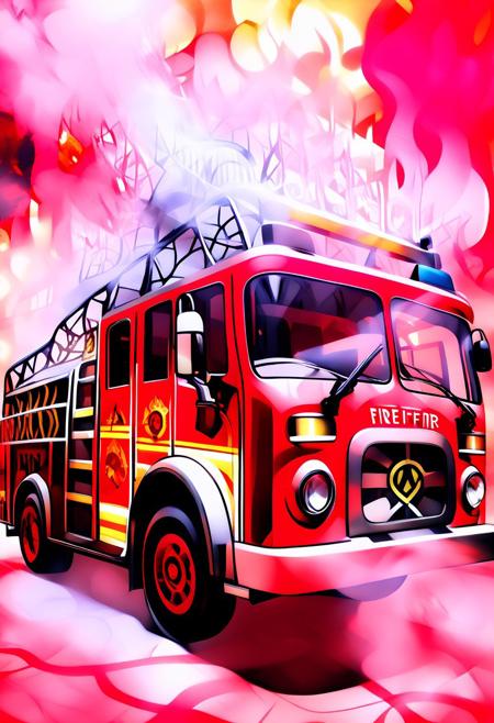 photo, photo_realistic, (firetruck made of cables with wires and neon:1.6), neon, wires, made of wires, cables, outlined with wires and neon, neon outlines, wire sculpture, neon wire sculpture, no people, (neon:2), end_tripwire_morph, outdoors, sunset (red sky:1.5), (background smoke:2), (wild fire:3), summer evening with golden hour lighting