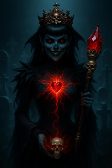 1girl, mysterious, hyper-realistic, despotically evil vampire queen, detailed argular scary face, goth sugar skull make up, jet black hair, black malachite crystal victorian dress with sharp jagged textures, Black Soul Gem Eyes, skull tiara with ebony accents, vampire fangs, glowing bioluminescent accents, holding scepter carved from bone with a red crystal skull on th end, haunting cemetery background, black glass floor, dim lighting, matte color tones, flat color style, horror fantasy, intricate details, cinematic shading, reij-blckprlglss, aidmaImageUpgrader