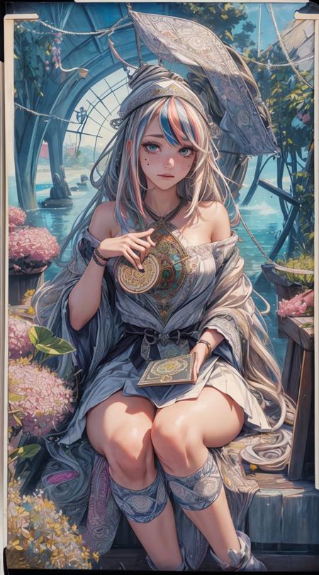 official art,unity 8k wallpaper,ultra detailed,beautiful and aesthetic,beautiful,masterpiece,best quality,(zentangle, mandala, tangle, entangle),1girl,mature_female,poet,backwards_hat,silver hair,((streaked hair:1.1)),(hime cut:1.1),(mole_under_eye:1.1),(disgust:1.3),(top-down_bottom-up:1.1),incredibly absurdres,(book:0.9),(Visible stream of note:1.15),(photo_(medium):1.1),(polaroid:1.1),colorful,(solo:1.3),(reality:1.1),water vapor,strong rim light,(Trapeze:1.2),<lora:add_detail:0.7>,