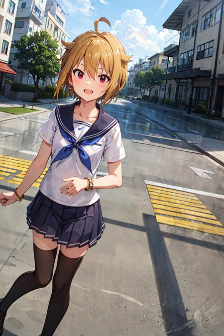 tsubasa ibuki \(million live\),(best quality, 8K, masterpiece, HDR, ultra detailed:1.2),cinematic angle,
day,dappled sunlight,outdoors,beautiful clouds,reflective floor,wet floor,(street,skyline,building),
1girl,solo,shiny skin,head tilt,slight smile,
school uniform,pleated skirt,collarbone,collared shirt,serafuku,sailor collar,collarbone,earrings,bracelet,black thighhighs,hair between eyes,