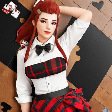 <lora:Wrise_Brigitte:0.7>
a woman in a red and black plaid skirt and white shirt with a bow tie on her waist and a white shirt with a black collar, hourglass slim figure, a jigsaw puzzle, american barbizon school, ((3d))