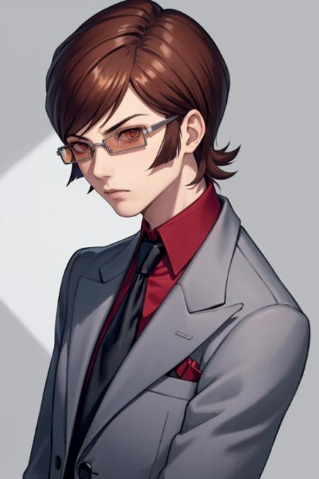 masterpiece, best quality, solo, serious, 1boy, looking at viewer,   <lora:Katsuya_Fp:1>, katsuyap2, grey suit, formal, glasses, necktie,  adjusting eyewear,