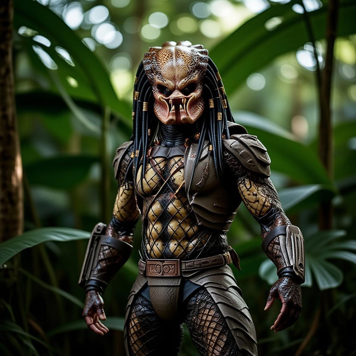 a realistic photo of a very muscular alien predator standing in a lush jungle. His body is oiled and he is in a fighting pose, weights<lora:PredatorV2:0.8>