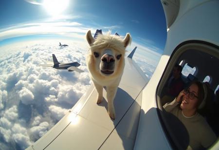 “A llama jogging on the wing of an Airbus, its fluffy fur billowing in the wind as it moves, looking directly at the viewer through the window of the plane. The scene is captured with a cheap GoPro camera using a hyper fisheye lens, creating a distorted, wide-angle view. The plane is cruising high above the clouds, sunlight reflecting off its metallic surface. Inside the cabin, passengers are visible through the window, clearly startled by the sight. The llama has an unsettling, creepy smile, adding a surreal and eerie atmosphere to the scene. In the background, an F-35 fighter jet floats among the clouds, intensifying the bizarre, dreamlike quality of the moment.”