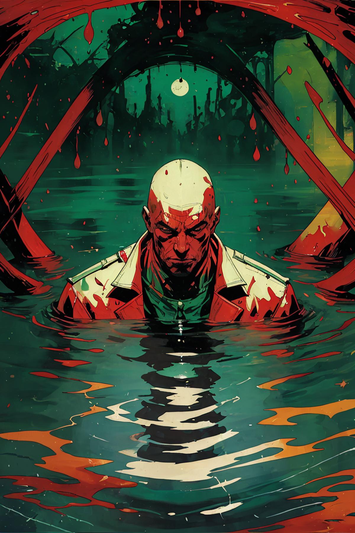 A man with a shaved head, red jacket, and green shirt sitting in a lake.