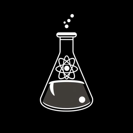(stylized logo, emblem, vector art), (symbol of a chemical flask with an image of an atom in the center), (solid colors, thick-linework), white outline, black background, 
Flask with the emblem of the atom symbol white in the center, heraldic, black background, HDR, UHD,