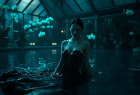 Cinematic still, woman in wet-look gown emerging from dark pool, fabric clinging to form like liquid obsidian, three-quarters framing, Dutch angle, setting: moonlit conservatory with ghost orchids, mood: mysterious transformation, lighting: bioluminescent flora casting turquoise highlights, color theme: midnight blue and iridescent teal, lens: Petzval 85mm, in the style of Gregory Crewdson with Klimt influences