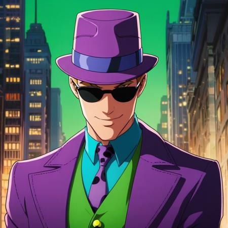 anime artwork of  <lora:Riddler:1.2>
Riddler a man with a hat and sunglasses on in Gotham city universe, anime style, key visual, vibrant, studio anime,  highly detailed