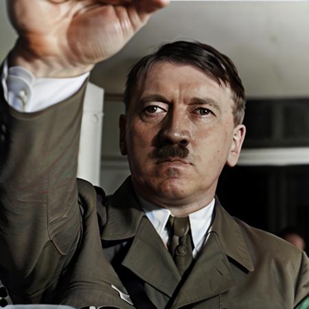 8k, RAW photo, best quality, photorealistic, ultra high res, masterwork, 1man, Adolf Hitler, pov, incoming headpat, view from below, outstretched arm <lora:concept_incomingheadpat:1> <lora:Adolf-Diffusion2:1>