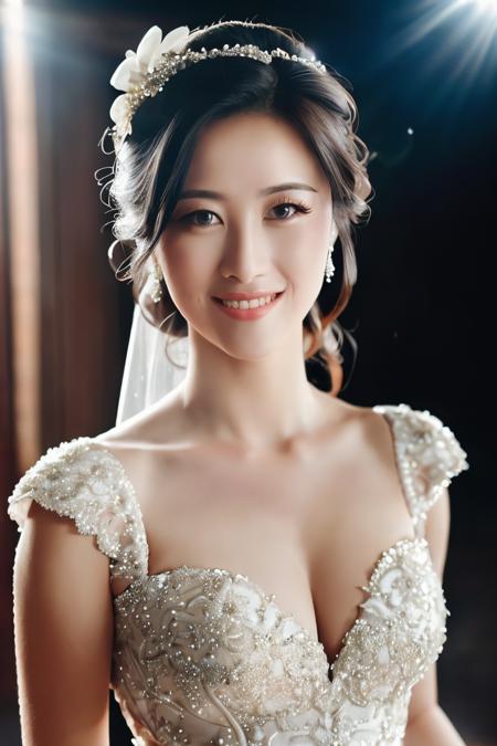 modelshoot style,(best quality, masterpiece:1.1), (realistic:1.4), elegant, (highly detailed),sharp focus, photorealistic,detailed eyes,
A beautiful Miss,(High Detail ), smile,(wedding dress:1.1),
(perfect light and shadow,warm light ,depth of field),Wide angle view,