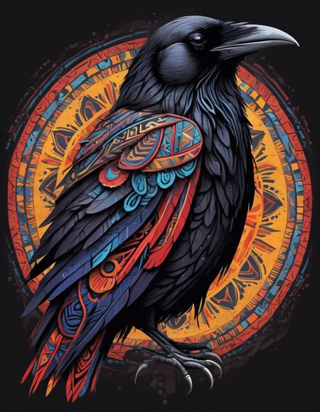 Produce an illustration of Tribal Spirit Animals: Tribal Art,  with a focus on an intricately detailed spirit animal raven that embodies power and mystery. The composition is characterized by washed out colors,  incorporating geometric patterns and bold linework to achieve a visually striking and beautiful design. Against a black background,  this 8k illustration features a hand-drawn raven in a dripping oilpaint style. The artwork uses colors in red and blue hues,  complemented by a few well-chosen striking lines in yellow and a range of light shades,  resulting in clean,  sharp lines that perfectly capture the essence of tribal art.