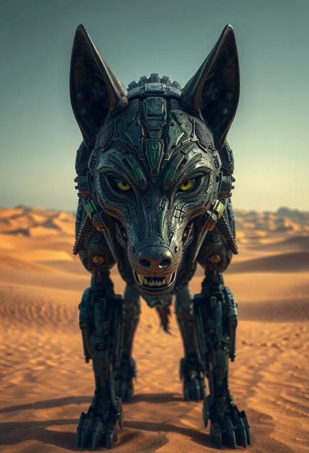 ultra-high quality, ultra-detailed image of a hybrid mechanical wolfman, hybrid creature, mid male human, mid Wolf, seamlessly blending mechanical and organic elements, dark and green colors, commanding presence, capturing her entire body, Face: Highly detailed, lifelike features with expressive, piercing eyes that convey her strength, fierce, showing a natural blend of mechanical and organic textures, vast, desolate desert of dunes, evoking an abandoned planet, barren landscape.
