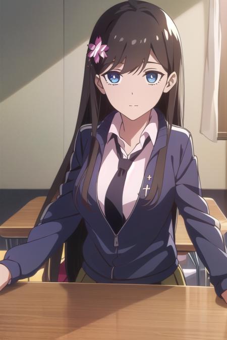 sunrong, <lora:sunrong-lora-nochekaiser:1>,
sun rong, long hair, black hair, hair ornament, ahoge, blue eyes, hair flower,
BREAK skirt, school uniform, jacket, pleated skirt, necktie, kneehighs,
BREAK looking at viewer,
BREAK indoors, classroom,
BREAK <lyco:GoodHands-beta2:1>, (masterpiece:1.2), best quality, high resolution, unity 8k wallpaper, (illustration:0.8), (beautiful detailed eyes:1.6), extremely detailed face, perfect lighting, extremely detailed CG, (perfect hands, perfect anatomy),