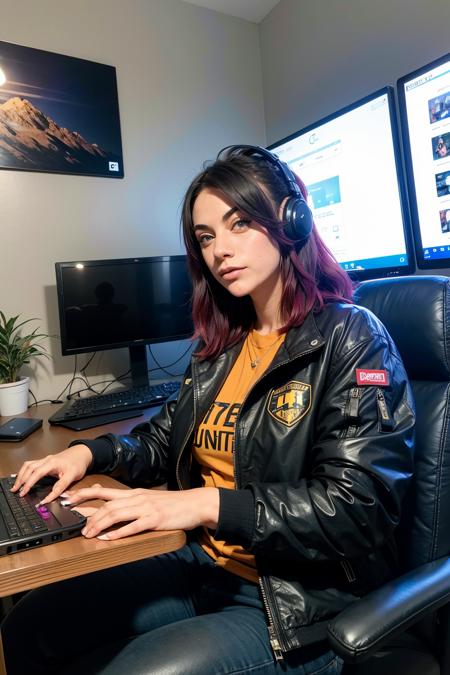 maghla, a woman, jacket, playing games on her computer, looking at camera  <lora:maghla:1>