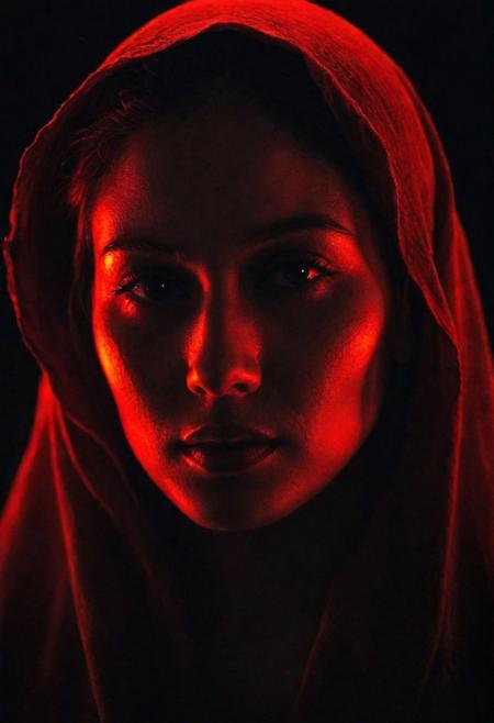 Generate an image of a woman's face half veiled in shadow, half illuminated by a fiery red glow, symbolizing the internal struggle between light and darkness, love and evil, within the human soul. super dark and gory
