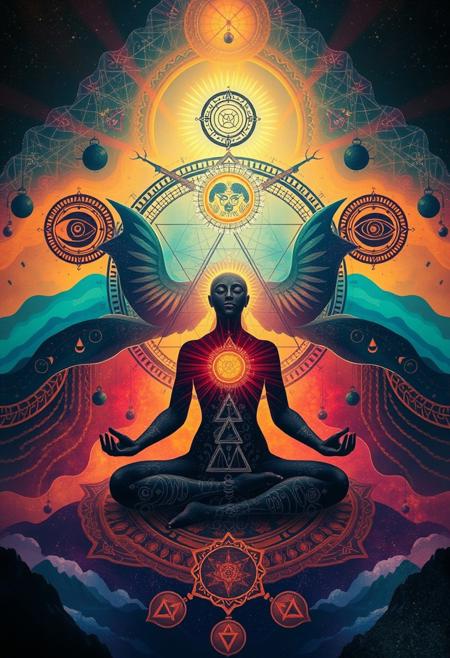 A meditating figure dissolves into color and pattern, their silhouette framed by ancient wheels and alchemical signs, surrealist mysticism meets visionary art, symbolic dream figures, spiritual transformation, cosmic inner landscapes, totemic and hybrid beings, metaphysical symbolism, soft radiant color gradients, flat mystical forms with dimensional auras, third-eye motifs, esoteric feminine energy, sacred geometry blended with primitive surrealism, mythic archetypes, luminous textures, trance-like mood, psychedelic surrealism, otherworldly consciousness, subconscious narrative composition