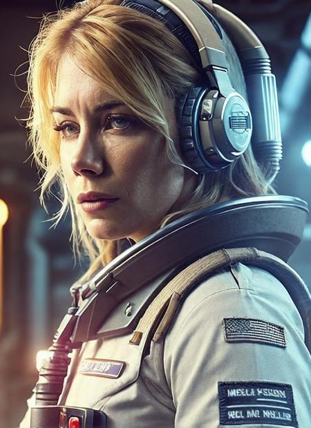 close up photo of sks woman, rugged space trucker, inside industrial spaceship, futuristic science fiction, action scene, digital concept art, realistic, intricate detailed textures, filmic, cinematic, environmental character portrait, <lora:locon_jenniferholland_v1_from_v1_64_32:1.25>