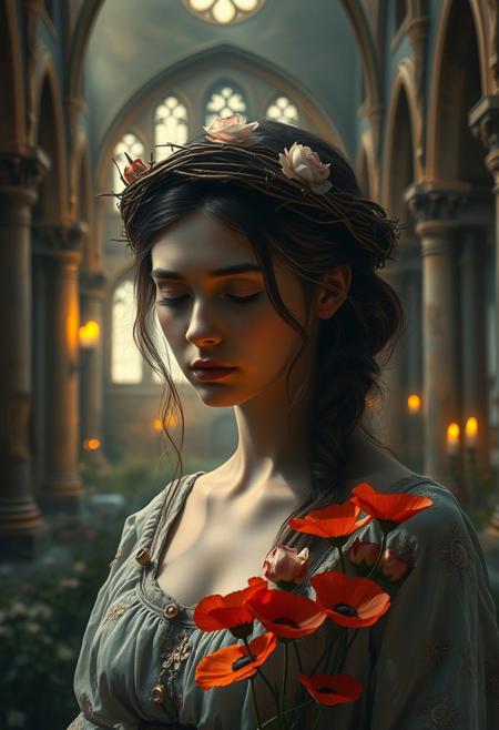 A silent mourner with a crown of thorns and blooming poppies, standing in a candlelit cathedral ruin, Renaissance portrait realism with romanticized storytelling, warm golden light, expressive yet refined faces, soft muted color palette, whimsical historical settings, rich painterly textures, noble figures in charming, intimate moments, elegant yet lively compositions