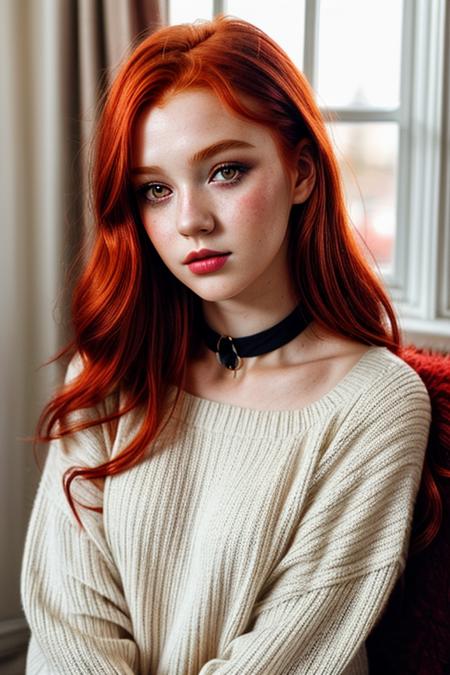 raw photo, (18yo redhead girl:1.2), makeup, graphic eyeliner, rouge, (choker:0.9), realistic skin texture, oversize knit sweater, (red:0.8), softcore, warm lighting, cosy atmosphere, instagram style, <lora:more_details:1>